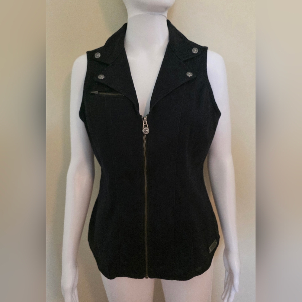 Harley-Davidson Black Denim Vest with Lace Up Back Woman's Size Medium.